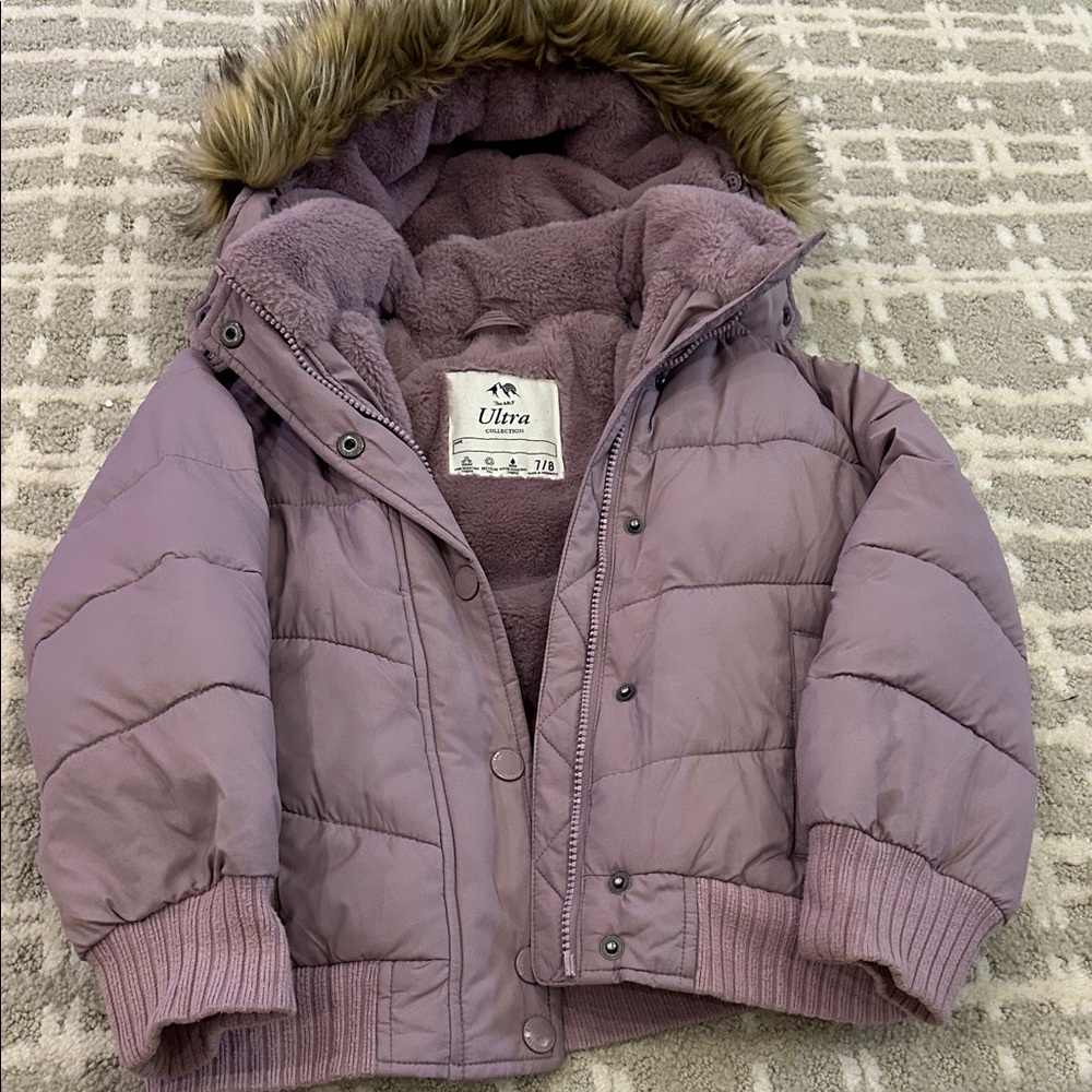 Abercrombie Kids Purple Puffer Jacket with Faux Fur Hood